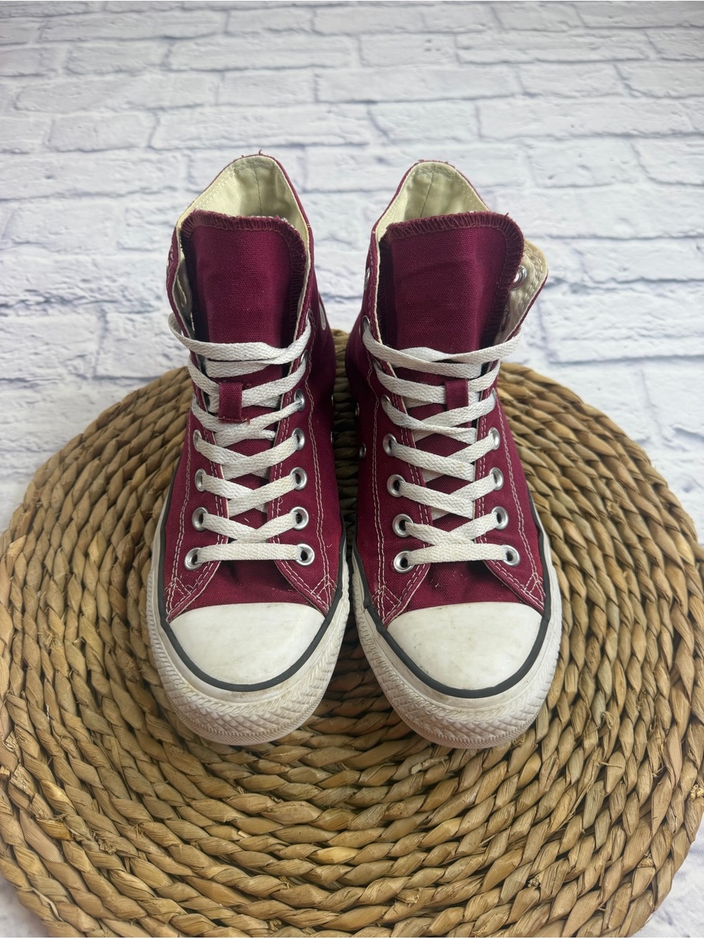 Converse High-Top Sneakers in Burgundy and Cream Women’s Size 9/Men’s 7.